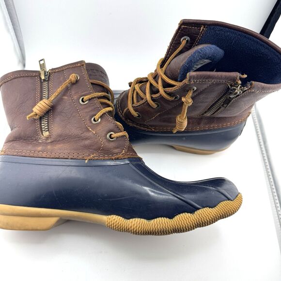 Womens Sperry Top-Sider Salt Water Heel Leather Duck Boot Brown/Navy Size 9M - Picture 1 of 7